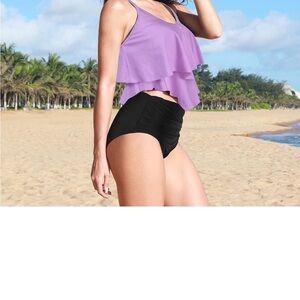 Purple Ruffle Tankini Top and Black High-Waist Bottoms - Women Swim